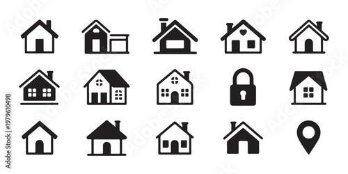 Set of home icons including house with garage lock symbol and location pin in black solid silhouette flat style.