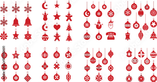 Set of Red Christmas Ornament Vector Illustrations Featuring Bells, Stars, Snowflakes, Trees, and Holiday Symbols for Festive Decoration Designs