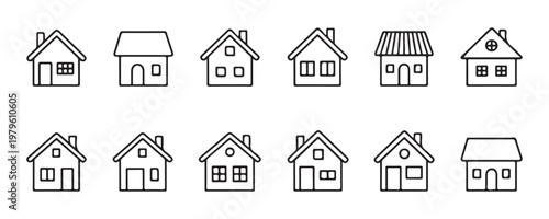 Hand drawn home line icons featuring various cottage shapes with windows and chimneys in doodle outline style.
