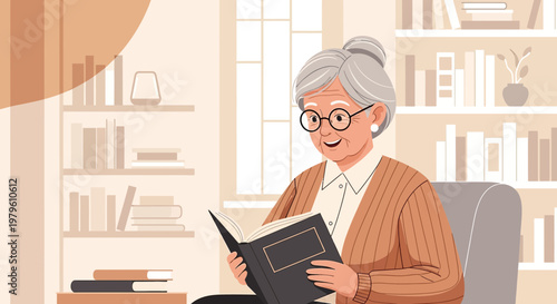 Illustration of a smiling senior woman reading a book in a cozy, book-filled room ambiance