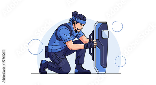 Illustration of a tactical character with shield in a defensive posture ready for engagement