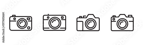 Vintage photo camera line icons collection including professional dslr and mirrorless photography gear art.