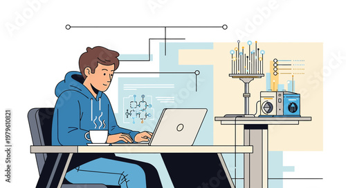 Illustration of a young coder working on a laptop with advanced tech setup at home