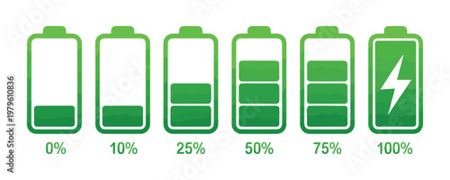 Group of six green battery charge icons illustrating power levels from zero to one hundred percent.