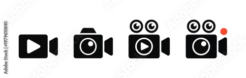 Set of 4 black vector icons depicting video cameras, including recording indicator versions.
