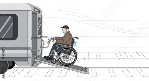 Illustration of accessible public transport with a person using wheelchair entering train via ramp