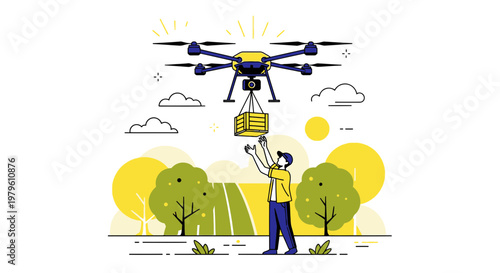 Illustration of agricultural drone delivery system with farmer in field landscape