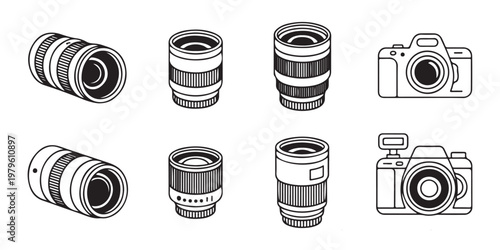 Set of 8 outline vector icons featuring diverse camera lenses and complete camera systems.