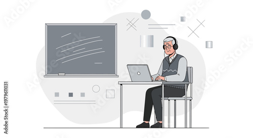 Illustration of an senior man participating in virtual online meeting from his room