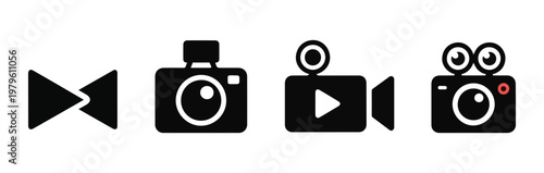 Set of four black vector icons representing camera and fast forward symbol on transparent background.