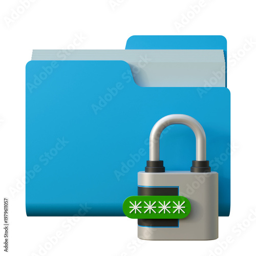 Digital Data Folder with Security Lock. 3D illustration isolated on background for cyber security and information privacy. Professional asset for corporate data protection and software marketing prese