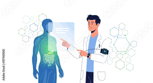Illustration of a doctor analyzing a patient's digestive system using modern technology for health