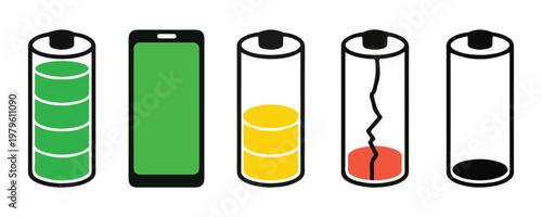 Battery charging indicator vector icon set showing various levels from full to empty, including a phone.