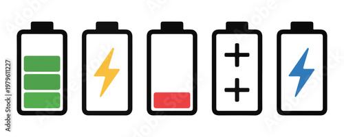 Battery indicator vector icons showing various charge levels and charging status with lightning bolt.