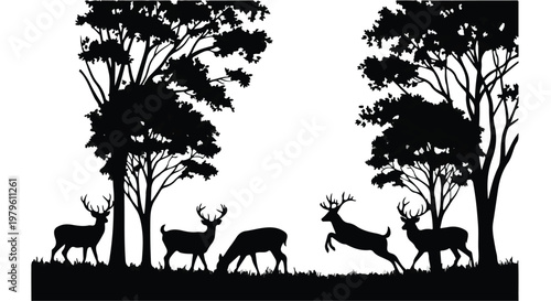 Deer herd silhouettes stand gracefully within a dense forest landscape setting.