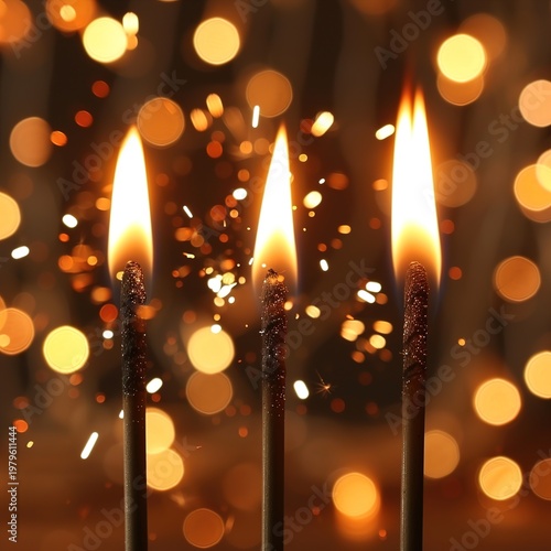 Three lit candles with bright flames and warm bokeh lights in the background