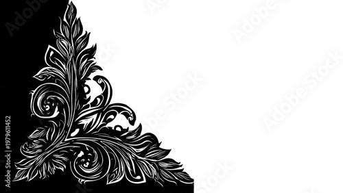 Elegant Black Floral Corner Ornament with Ornate Leaves Pattern Isolated on White Background, Vintage Decorative Border Element for Wedding Invitations, Cards and Graphic Design Projects
