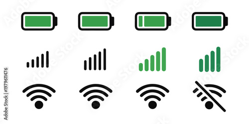 Various battery level indicators and wifi signal strength icons on transparent background for digital interface design.