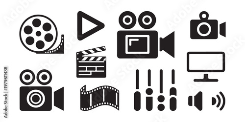 Set of black movie production icons for film industry and video entertainment equipment on checkered backdrop.
