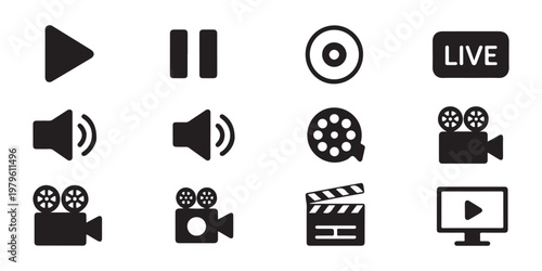 Set of twelve icons representing media playback, sound, and video recording devices.