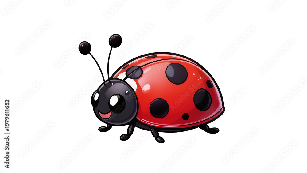 Fototapeta premium Red ladybug with black spots and antennae, cartoon style
