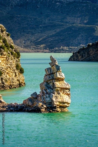 Vertical View of the Torreon Rock Formation in Cueva Foradada Reservoir Oliete Teruel Spain