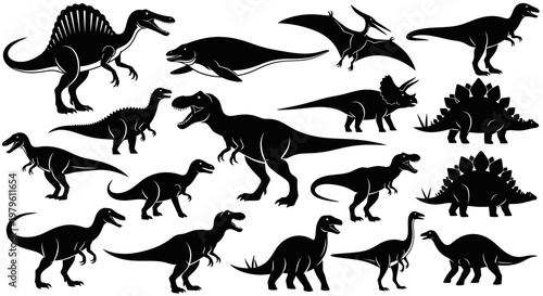 Collection of Black Dinosaur Silhouettes Featuring Tyrannosaurus Rex, Stegosaurus, Spinosaurus, Triceratops, Pterodactyl, and Plesiosaurus