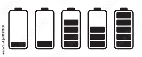 Five battery icons showing different charge levels from empty to full, black and white style.