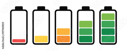 Set of five battery charge level indicators with color coding showing from empty to full power.