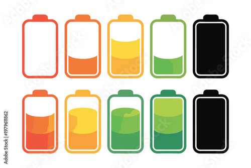 Collection of battery level indicators and power icons in various colors on transparent background.