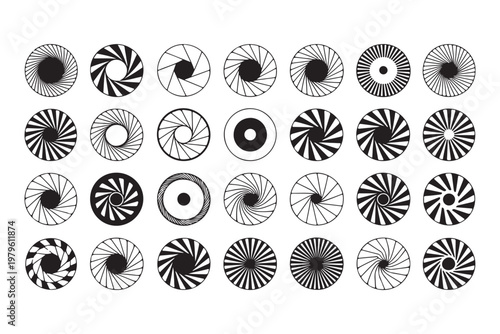 Assorted circular camera shutter and lens aperture icons with geometric radial lines on checkered backdrop.