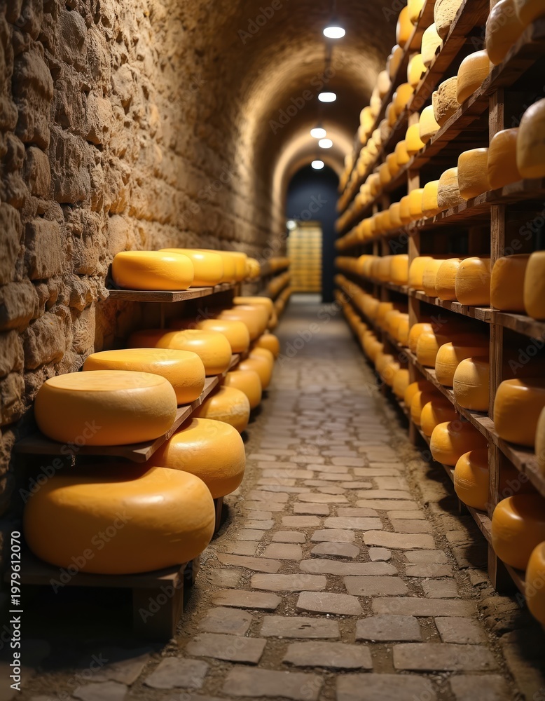 Obraz premium Round cheese wheels age in rustic cellar on stone floor. Natural light illuminates rows on wooden shelves. Traditional food production and storage in old facility.