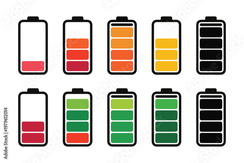 Two rows of battery charge indicators from empty to full, colored segments and outlines on grid.