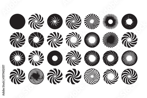 Collection of decorative radial swirl patterns and spiral sunburst shapes for abstract creative design use.