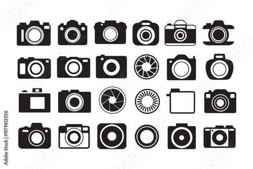 Set of 25 camera and shutter aperture icons in different styles isolated on transparent background vector.