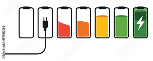 Smartphone battery charge progress collection with electrical plug icon and colorful power level variations.