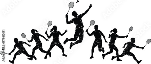 Badminton player silhouettes set with jumping smashing and running poses dynamic indoor sport action vector illustration