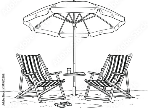 Beach chairs under umbrella with small table on sandy shore relaxing seaside vacation scene detailed line illustration
