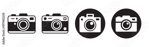 Set of 4 camera icons in two styles with black circular backgrounds isolated on transparent vector.