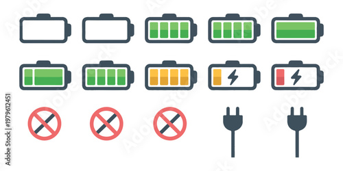Battery charge level indicators set on transparent background for various electronic devices.