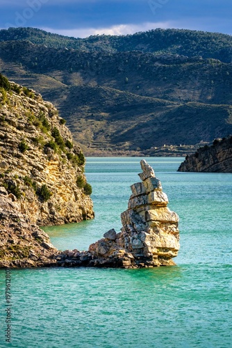 Vertical View of the Torreon Rock Formation in Cueva Foradada Reservoir Oliete Teruel Spain