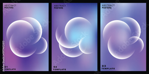 PrintAbstract futuristic purple poster set with glowing glassmorphism bubbles. Modern blurred lavender mesh gradient backgrounds with translucent arcs for album covers and tech flyers.