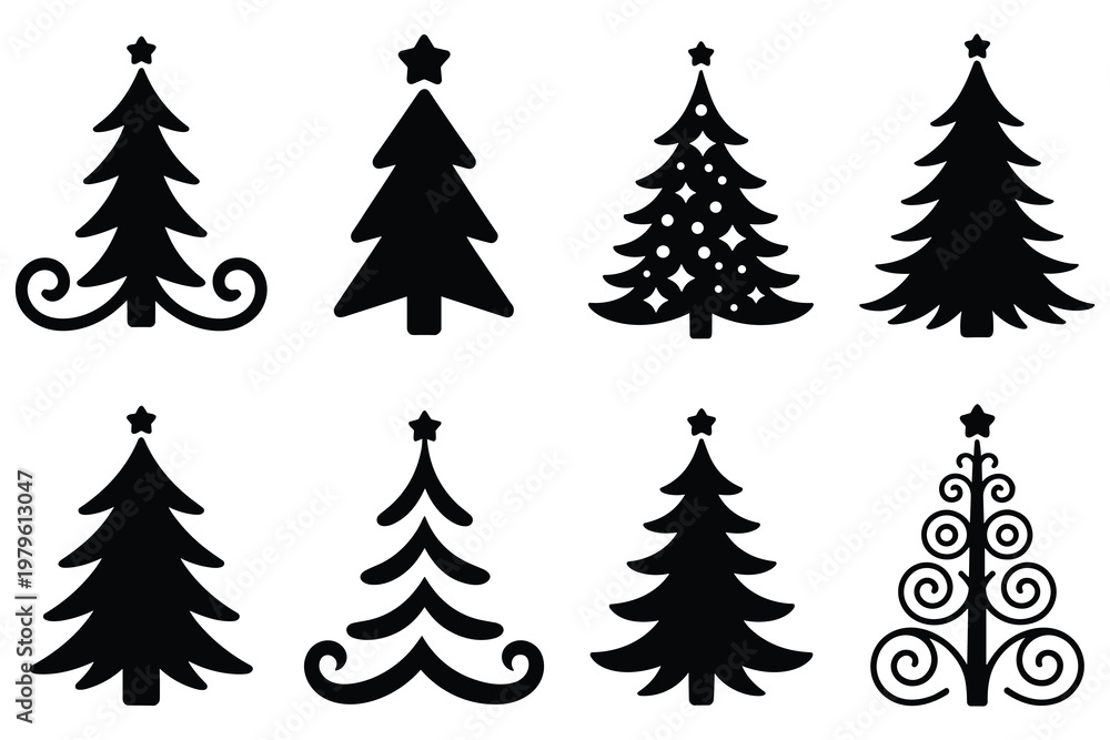 Obraz premium Black and white christmas tree set with stars, snowflakes, and ribbons