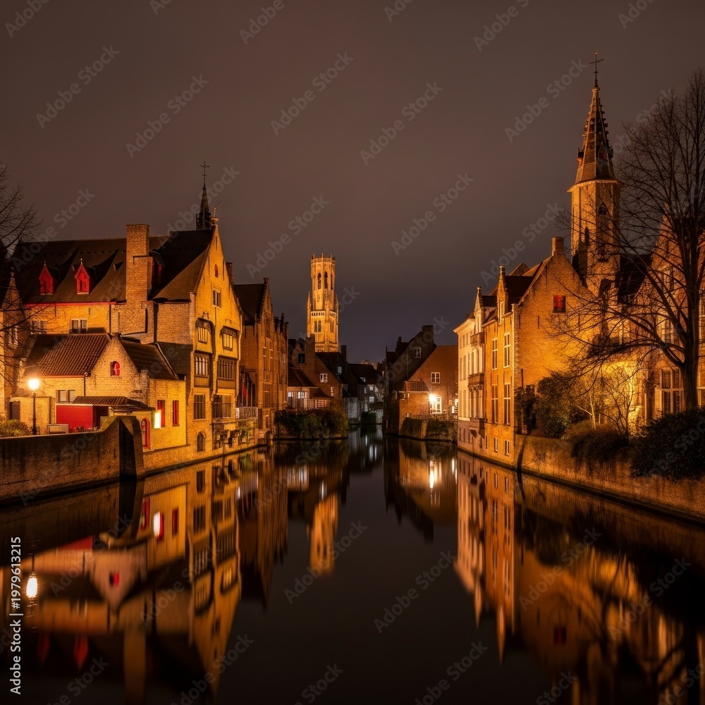 Fototapeta premium Bruges city skyline with illuminated historic architecture reflected in a canal at night, travel destination, Belgian heritage