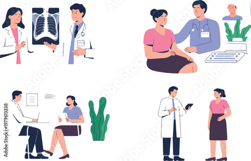 Clean flat design healthcare vector grid with X ray review patient consultation and medical office discussion scenes