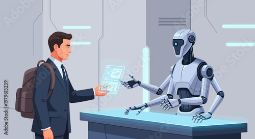 Human interaction with futuristic ai robot exchanging digital data in a modern interface