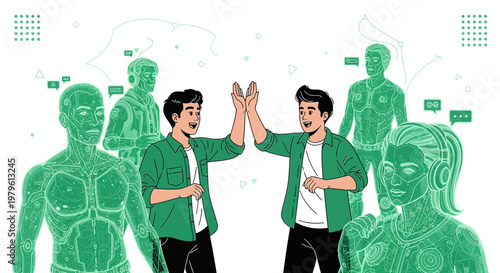 Human and robot collaboration depicted in modern concept with communication interface