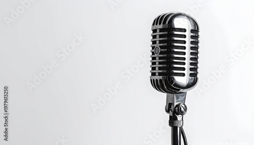 Vintage Silver Microphone on Stand Isolated on White Background.