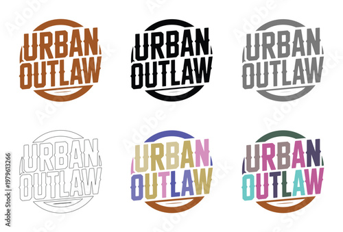 Logotypes showcase urban outlaw text within circular frames in six color variations.