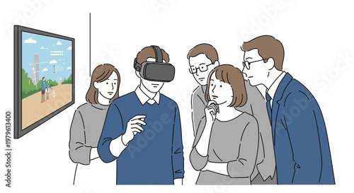 Illustrated group observing a man using virtual reality headset technology and displaying a